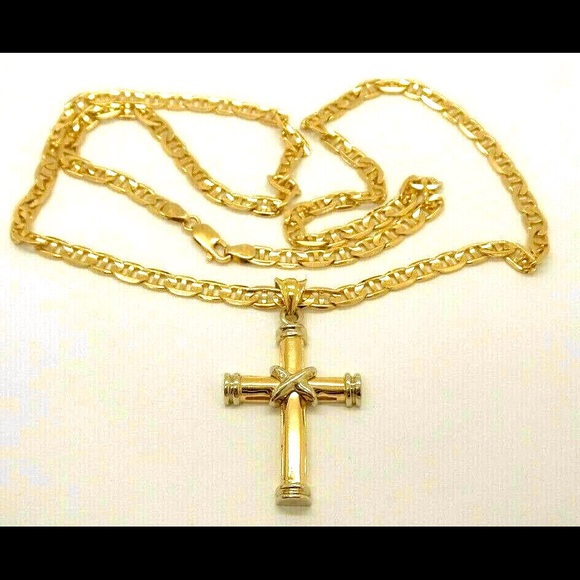 BEAUTIFUL 14K GOLD GUCCI LINK CHAIN CROSS PENDANT - Picture 1 of 9